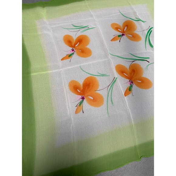 Vintage Floral Silk Scarf Handkerchief with Orange Flowers Green Border - Picture 3 of 8
